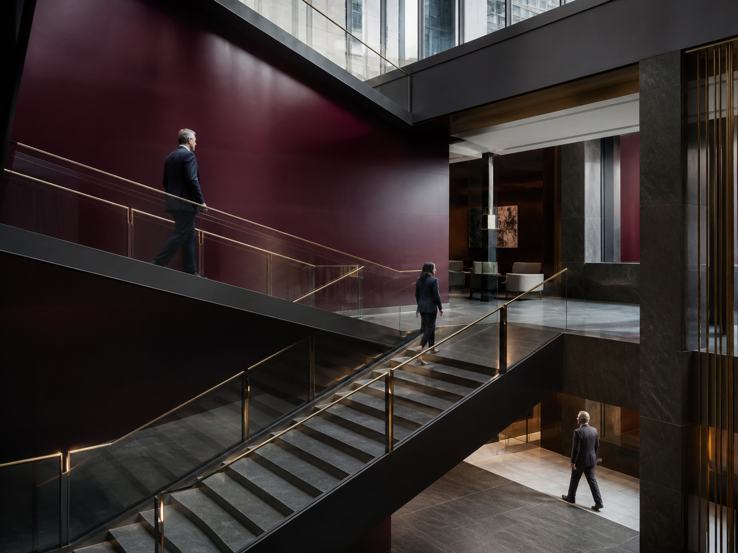 Professionals moving through a precisely designed corporate atrium